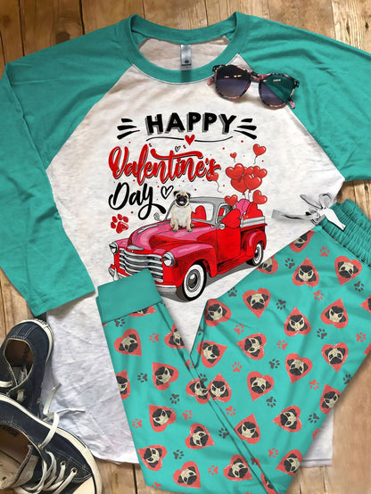 Pug Happy Valentine Day Pajama Set |Sleepwear Pjs Sets | Raglan Shirt Pants Set