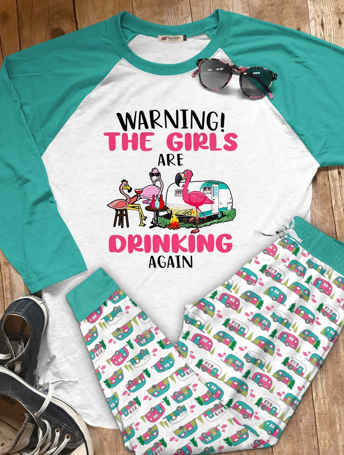 Camping Set Drinking Girls Pajama Set |Sleepwear Pjs Sets | Raglan Shirt Pants Set