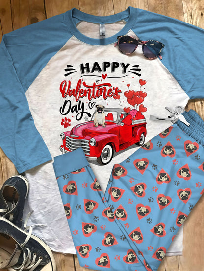 Pug Happy Valentine Day Pajama Set |Sleepwear Pjs Sets | Raglan Shirt Pants Set
