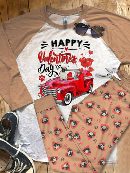 Pug Happy Valentine Day Pajama Set |Sleepwear Pjs Sets | Raglan Shirt Pants Set