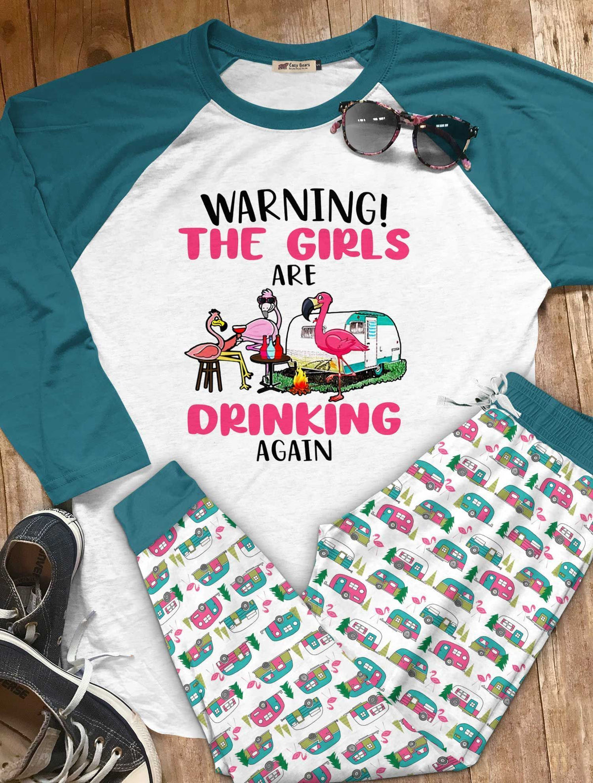 Camping Set Drinking Girls Pajama Set |Sleepwear Pjs Sets | Raglan Shirt Pants Set