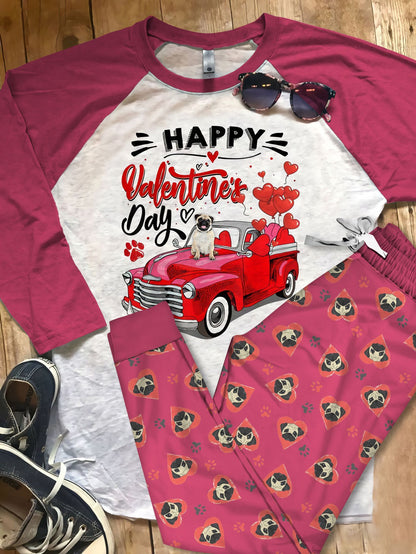 Pug Happy Valentine Day Pajama Set |Sleepwear Pjs Sets | Raglan Shirt Pants Set