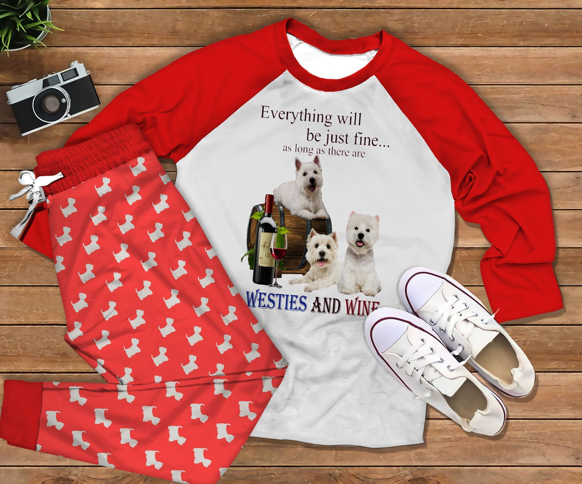 West Highland White Terrier Wine Tod Red Unique Pajama Set |Sleepwear Pjs Sets | Raglan Shirt Pants Set