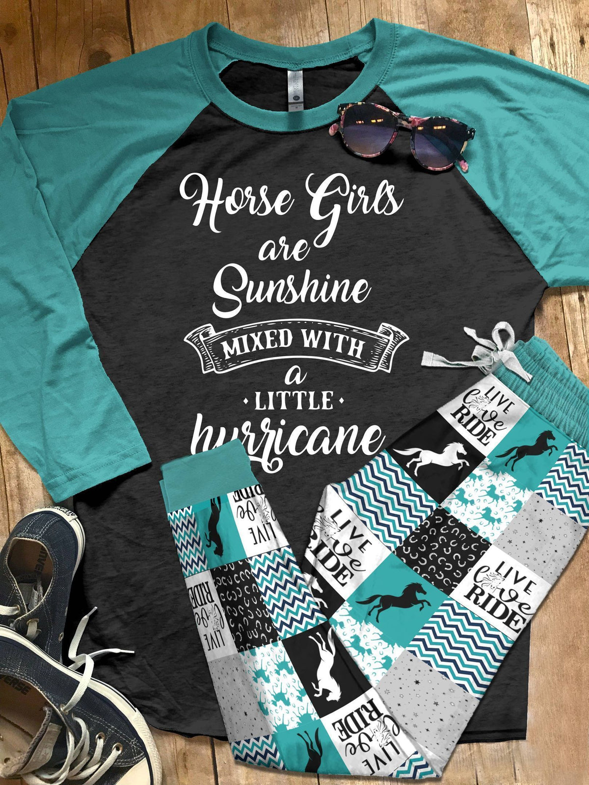 Horse Storm Teal Awesome Pajama Set |Sleepwear Pjs Sets | Raglan Shirt Pants Set