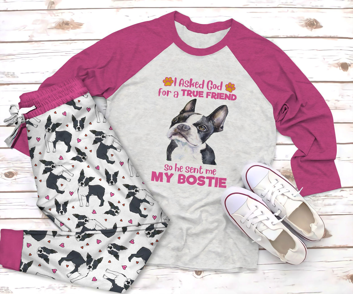 Boston Terrier My Bostie Pajama Set |Sleepwear Pjs Sets | Raglan Shirt Pants Set