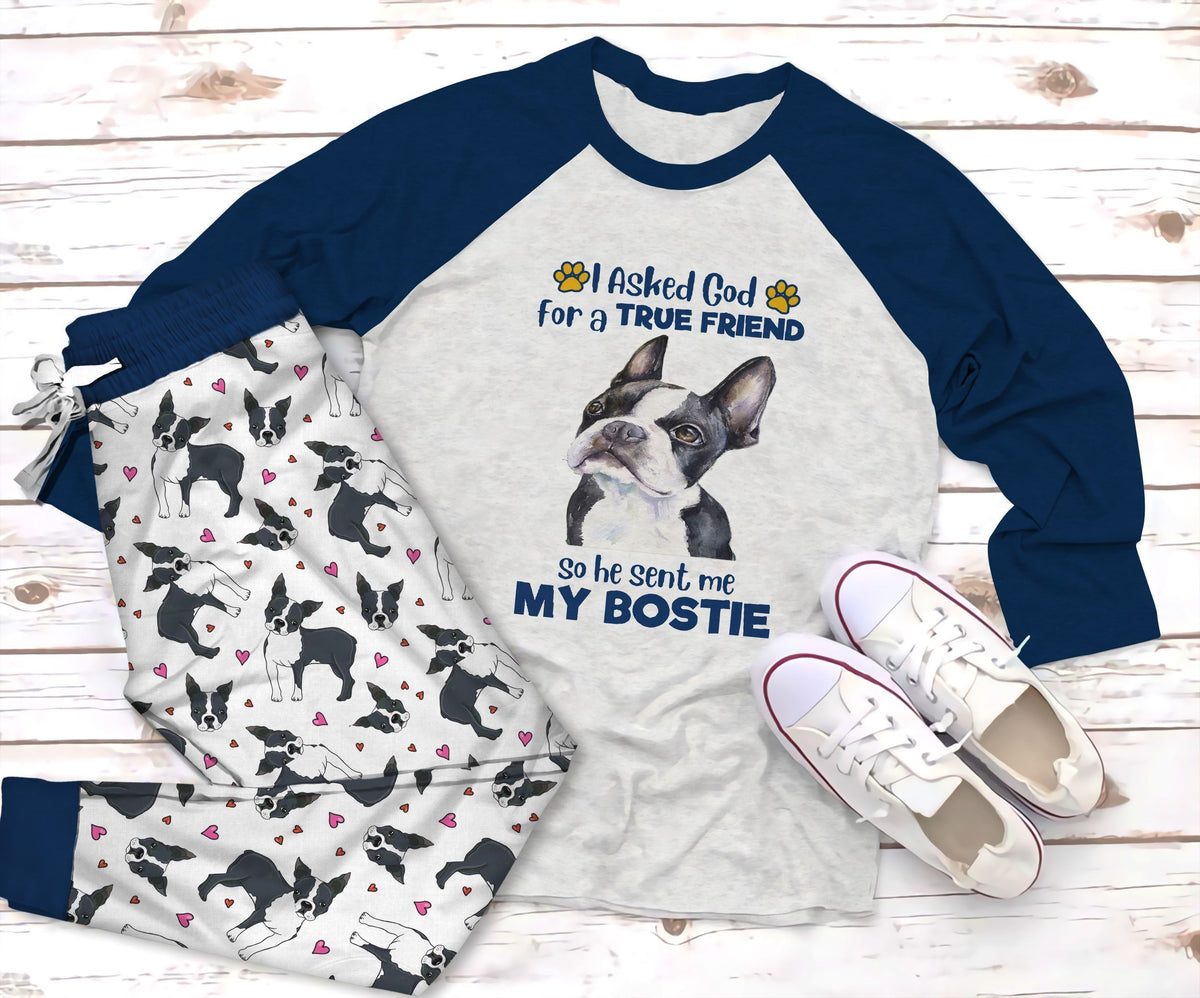 Boston Terrier My Bostie Pajama Set |Sleepwear Pjs Sets | Raglan Shirt Pants Set