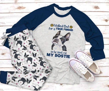 Boston Terrier My Bostie Pajama Set |Sleepwear Pjs Sets | Raglan Shirt Pants Set