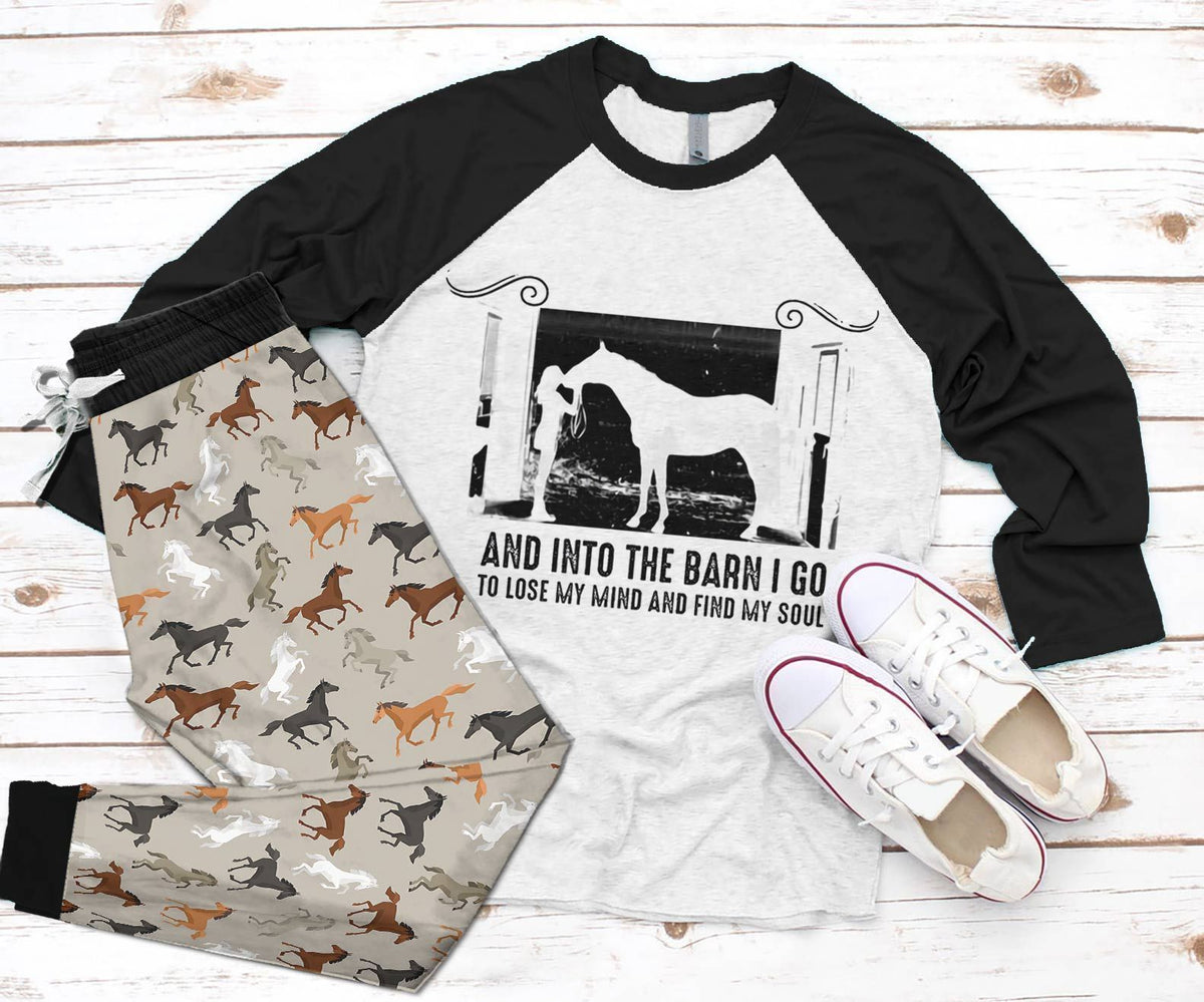 Horse And Intoe Barn I Go Set Colors Amazing Pajama Set |Sleepwear Pjs Sets | Raglan Shirt Pants Set