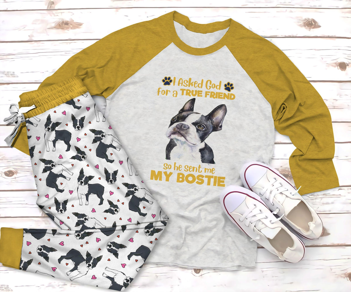 Boston Terrier My Bostie Pajama Set |Sleepwear Pjs Sets | Raglan Shirt Pants Set
