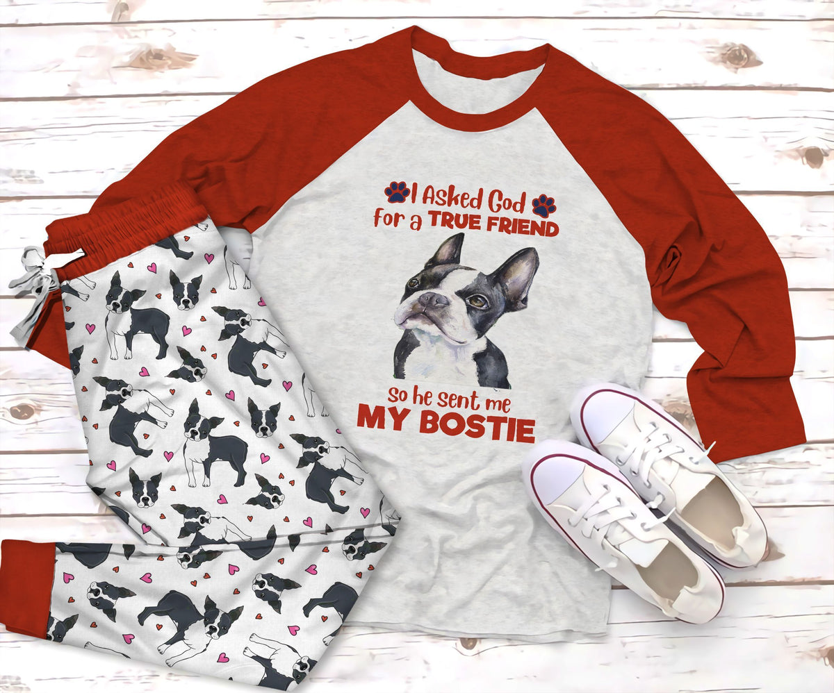 Boston Terrier My Bostie Pajama Set |Sleepwear Pjs Sets | Raglan Shirt Pants Set