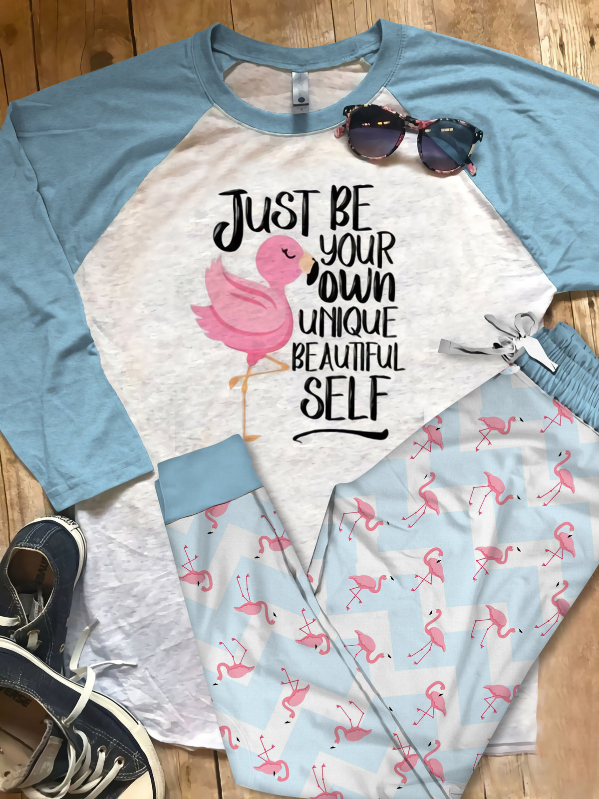 Flamingo Beautiful Flamingo Blue Good Pajama Set |Sleepwear Pjs Sets | Raglan Shirt Pants Set