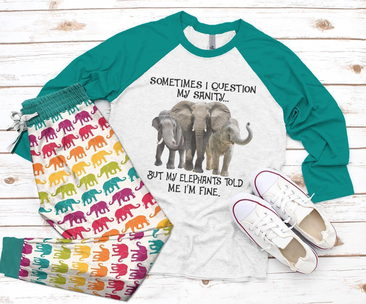 Elephant Elephant Told Me Im Fine Colors Teal Pajama Set |Sleepwear Pjs Sets | Raglan Shirt Pants Set