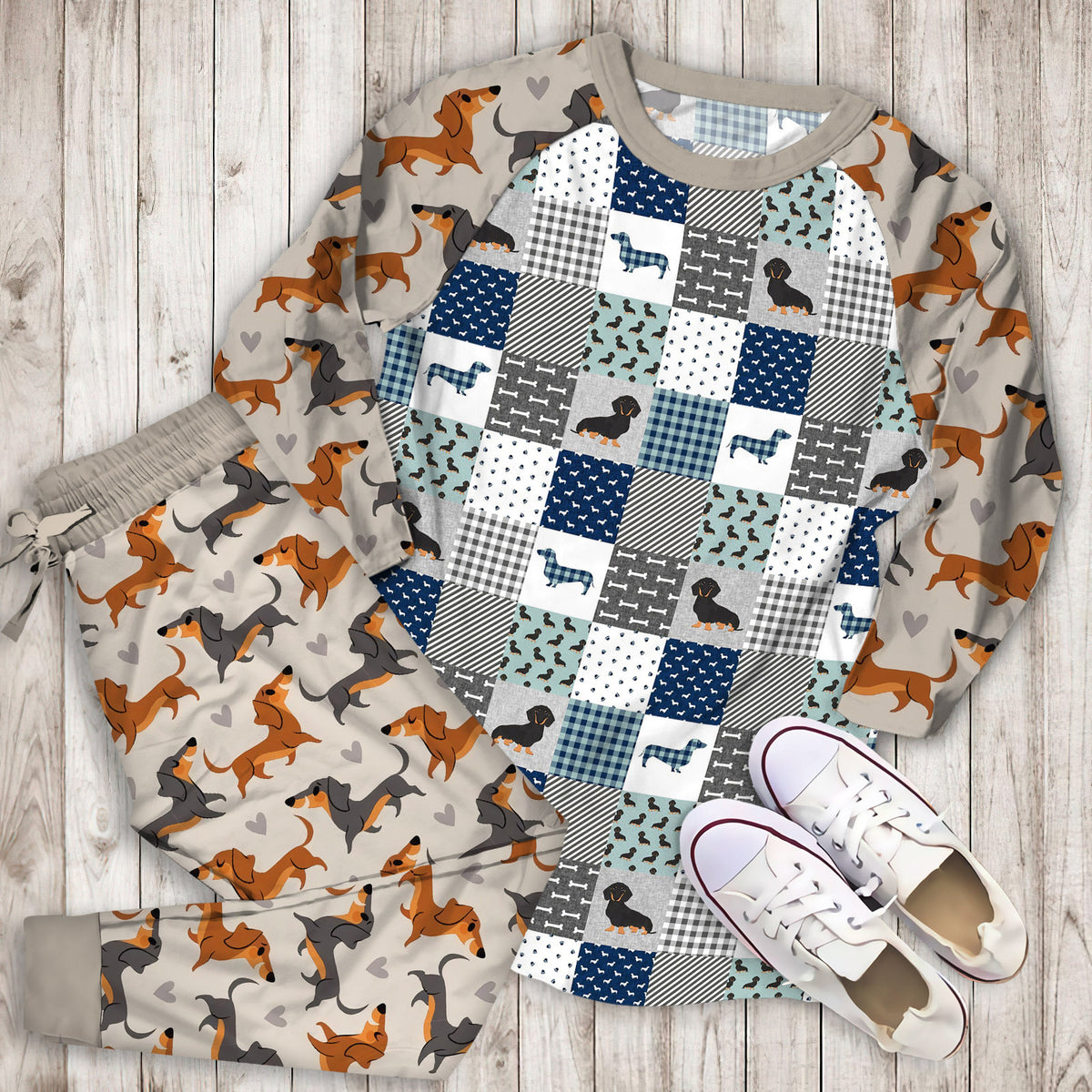 Dachshund Pet Pajama Set | Pajamas | Cotton Sleepwear Sets | Soft Long Sleeve Pjs | Raglan Shirt and Pants Set