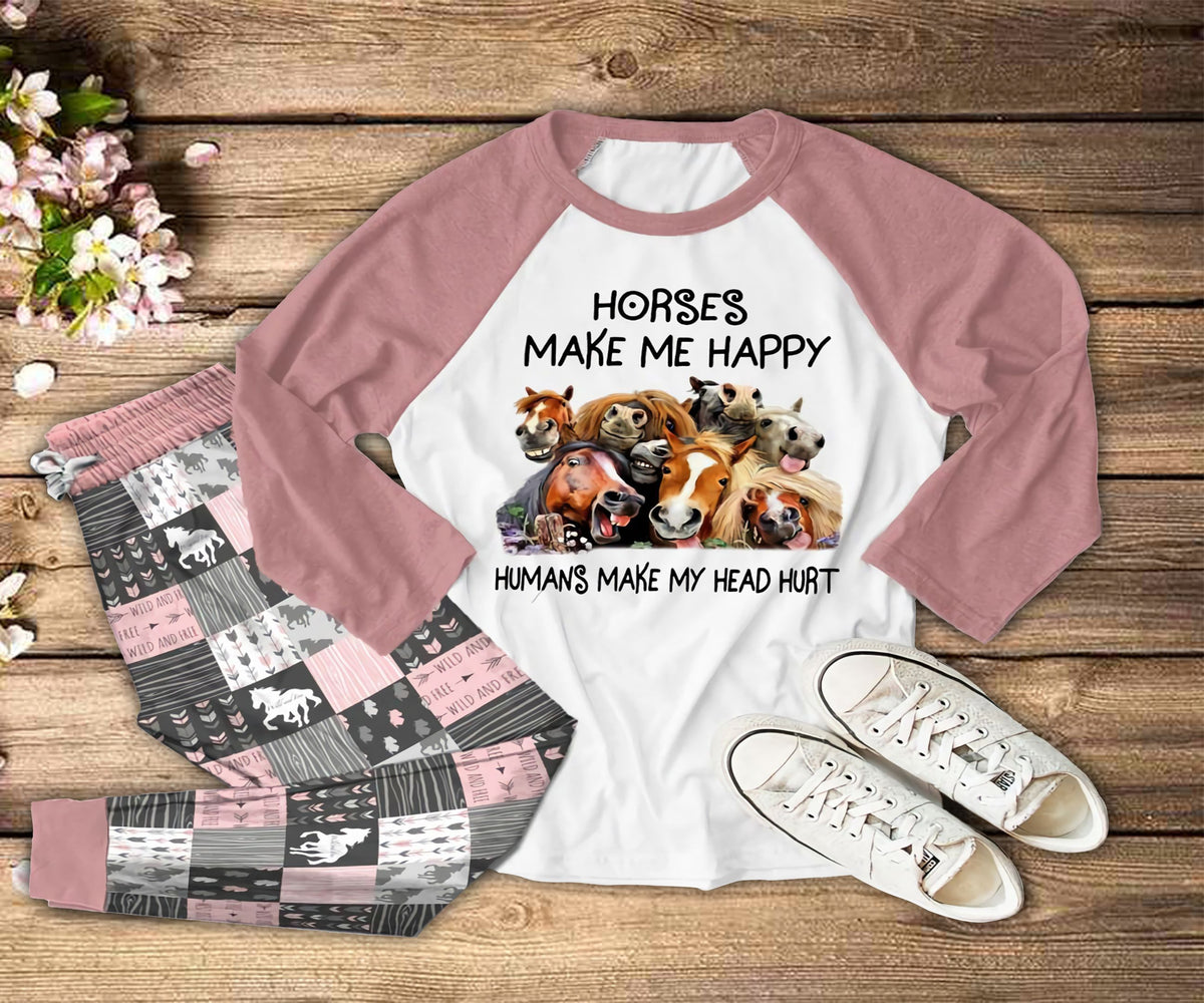 Horse Family Pink Awesome Pajama Set |Sleepwear Pjs Sets | Raglan Shirt Pants Set
