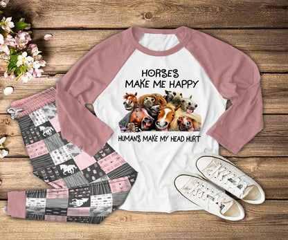 Horse Family Pink Awesome Pajama Set |Sleepwear Pjs Sets | Raglan Shirt Pants Set
