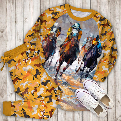 Horse Racing Pajama Set |Sleepwear Pjs Sets | Raglan Shirt Pants Set