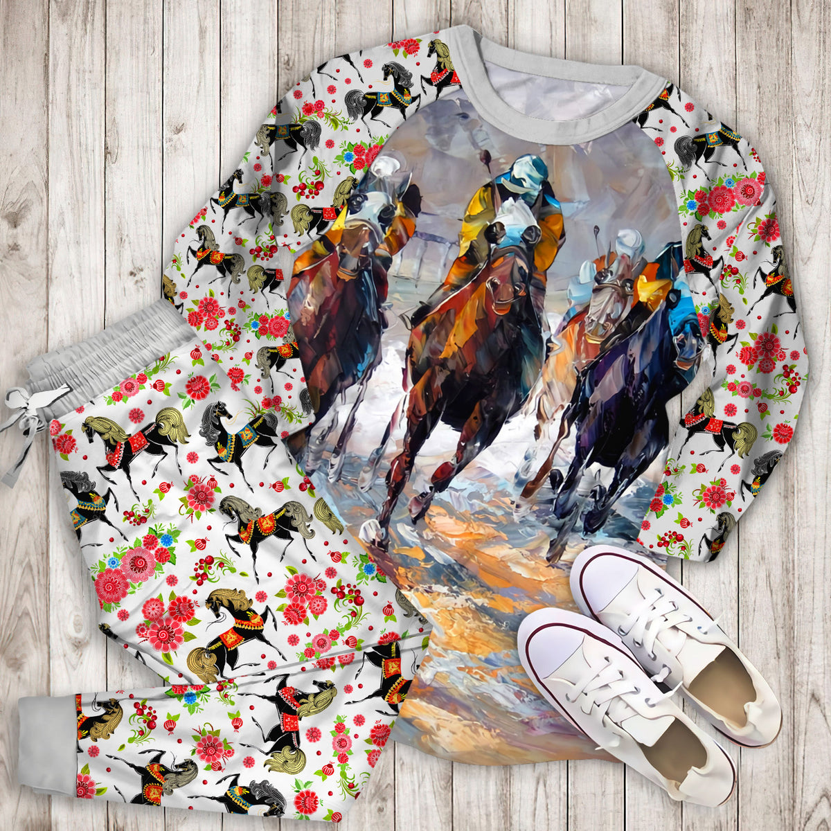 Horse Racing Pajama Set |Sleepwear Pjs Sets | Raglan Shirt Pants Set