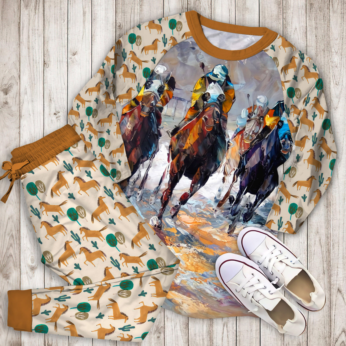 Horse Racing Pajama Set |Sleepwear Pjs Sets | Raglan Shirt Pants Set