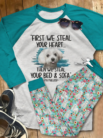 Maltese Steal Your Heart Teal Awesome Pajama Set |Sleepwear Pjs Sets | Raglan Shirt Pants Set