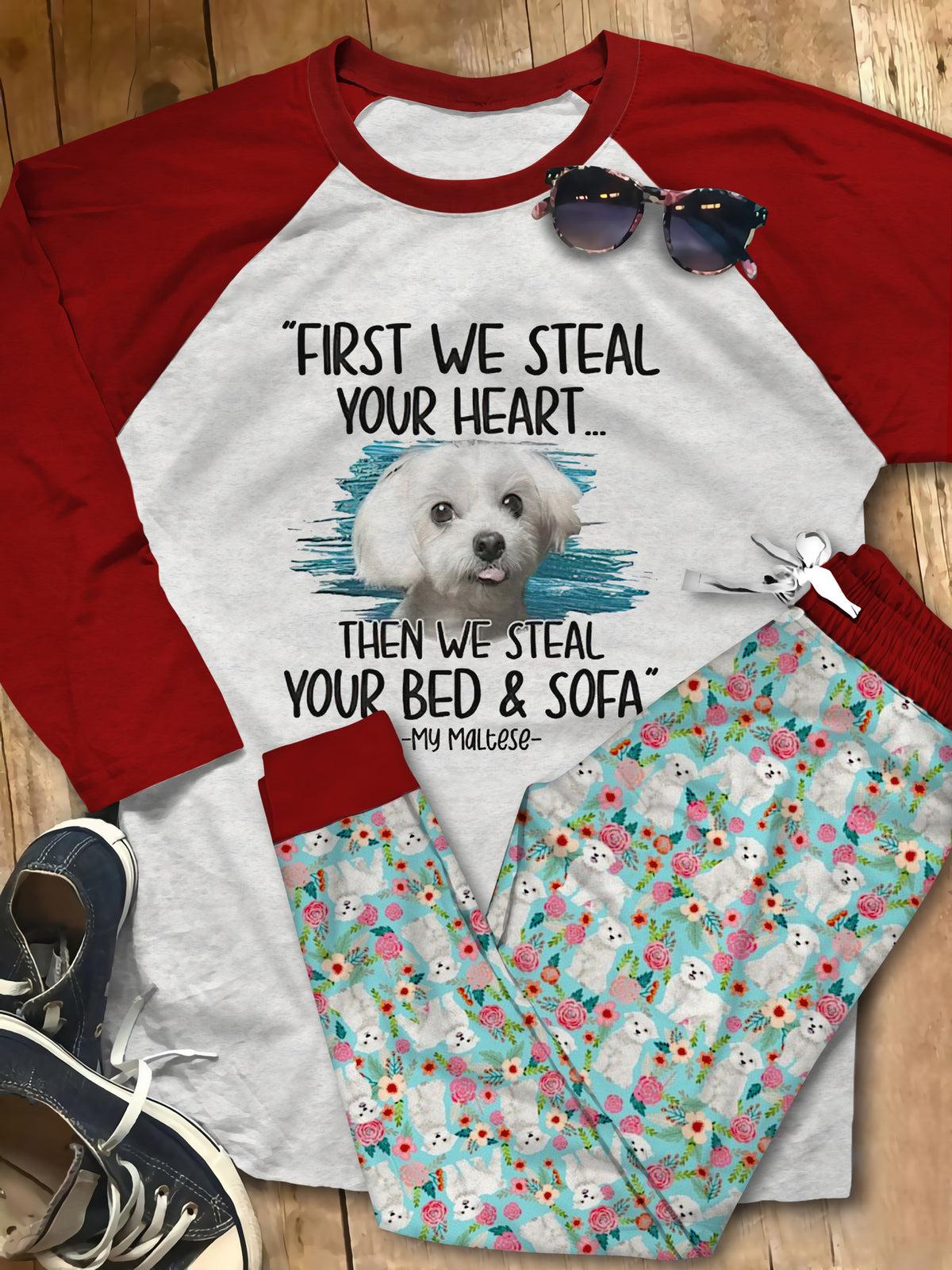 Maltese Steal Your Heart Teal Awesome Pajama Set |Sleepwear Pjs Sets | Raglan Shirt Pants Set