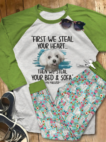 Maltese Steal Your Heart Teal Awesome Pajama Set |Sleepwear Pjs Sets | Raglan Shirt Pants Set