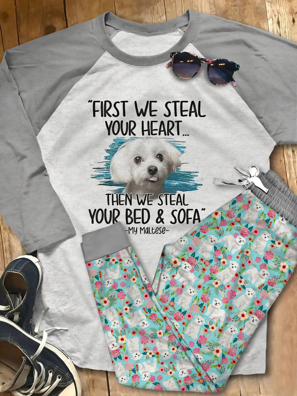Maltese Steal Your Heart Teal Awesome Pajama Set |Sleepwear Pjs Sets | Raglan Shirt Pants Set