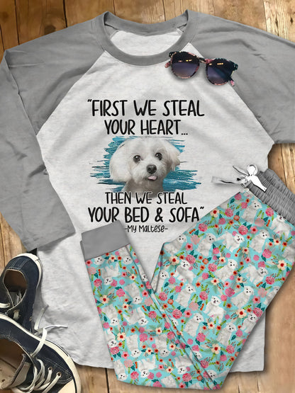 Maltese Steal Your Heart Teal Awesome Pajama Set |Sleepwear Pjs Sets | Raglan Shirt Pants Set