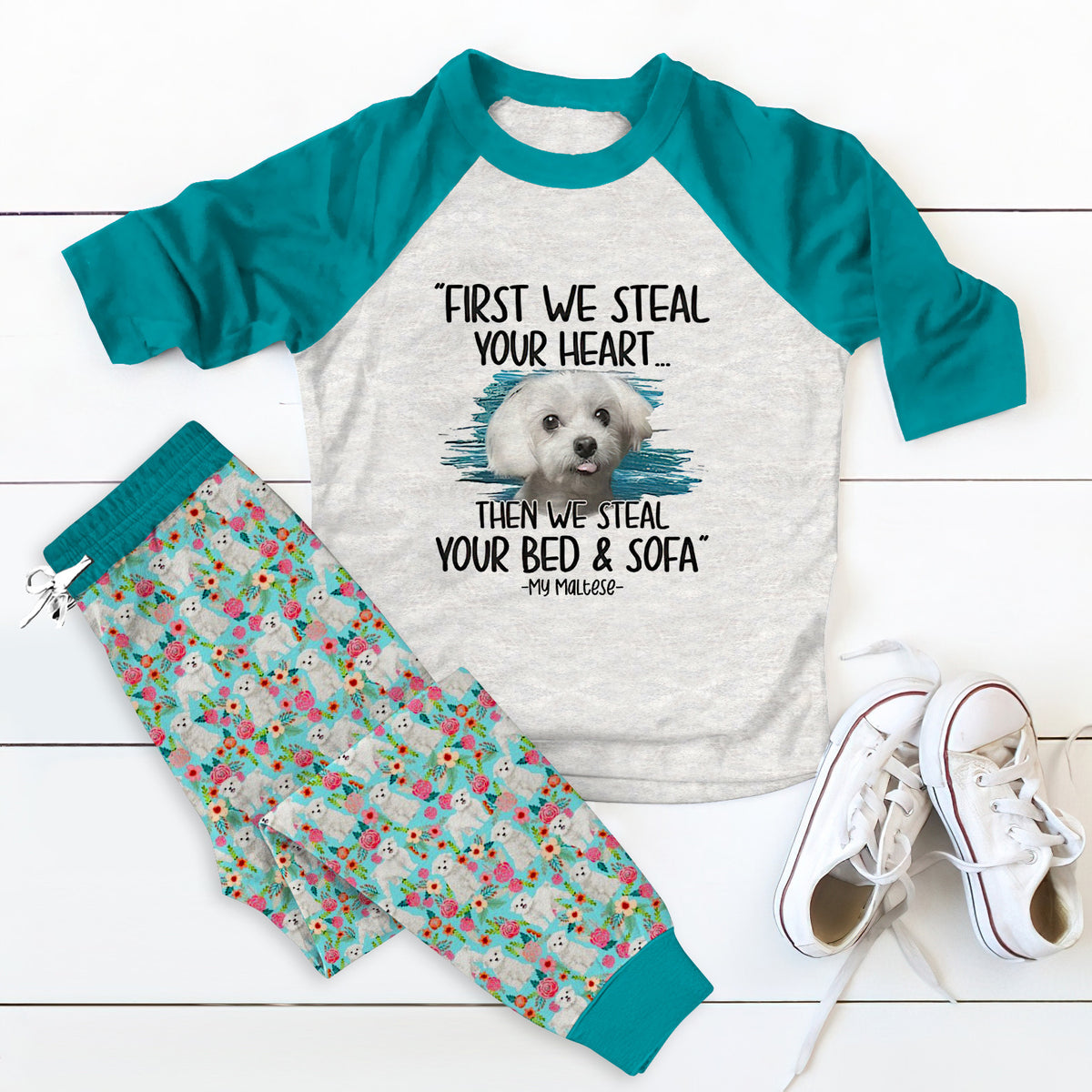 Maltese Steal Your Heart Teal Awesome Pajama Set |Sleepwear Pjs Sets | Raglan Shirt Pants Set