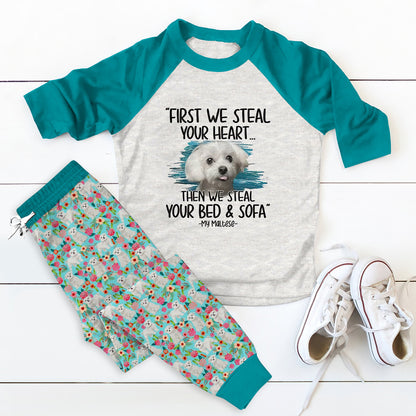Maltese Steal Your Heart Teal Awesome Pajama Set |Sleepwear Pjs Sets | Raglan Shirt Pants Set