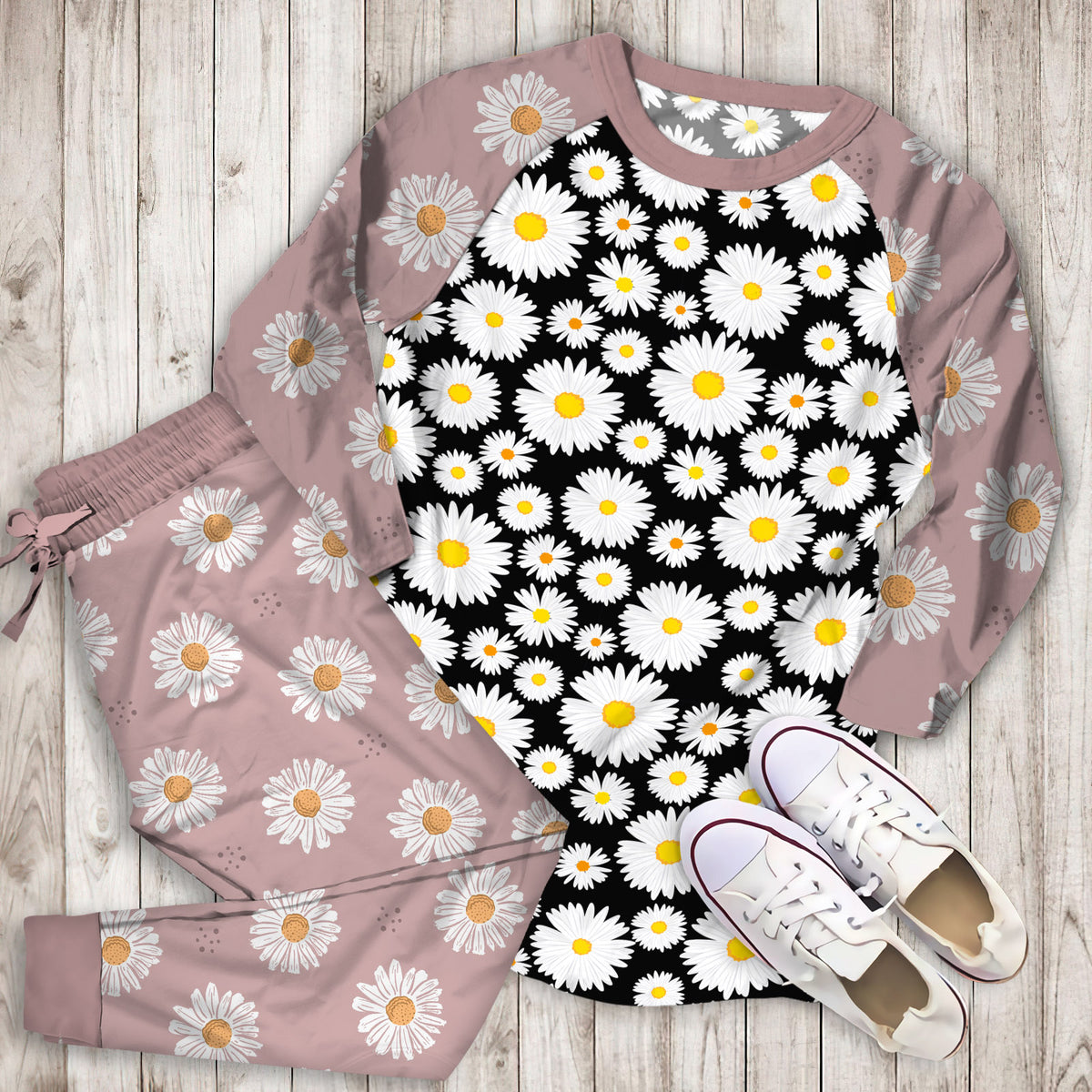 Daisy Pattern Pajama Set |Sleepwear Pjs Sets | Raglan Shirt Pants Set