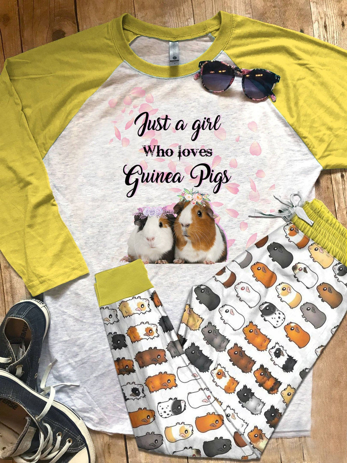 Guinea Pig Yellow High Quality Pajama Set |Sleepwear Pjs Sets | Raglan Shirt Pants Set