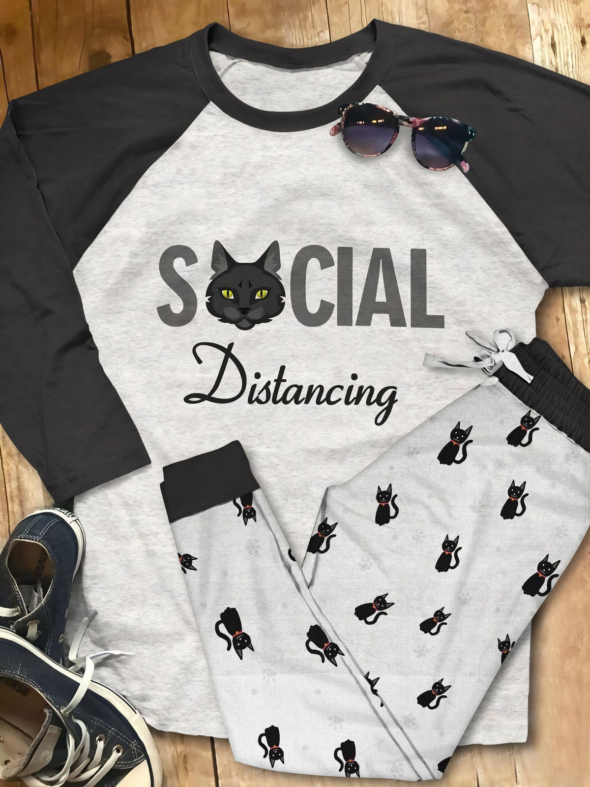 Black Cat Social Distancing Black Best Pajama Set |Sleepwear Pjs Sets | Raglan Shirt Pants Set