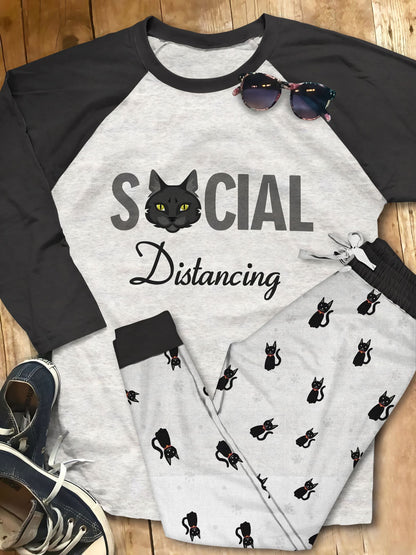 Black Cat Social Distancing Black Best Pajama Set |Sleepwear Pjs Sets | Raglan Shirt Pants Set