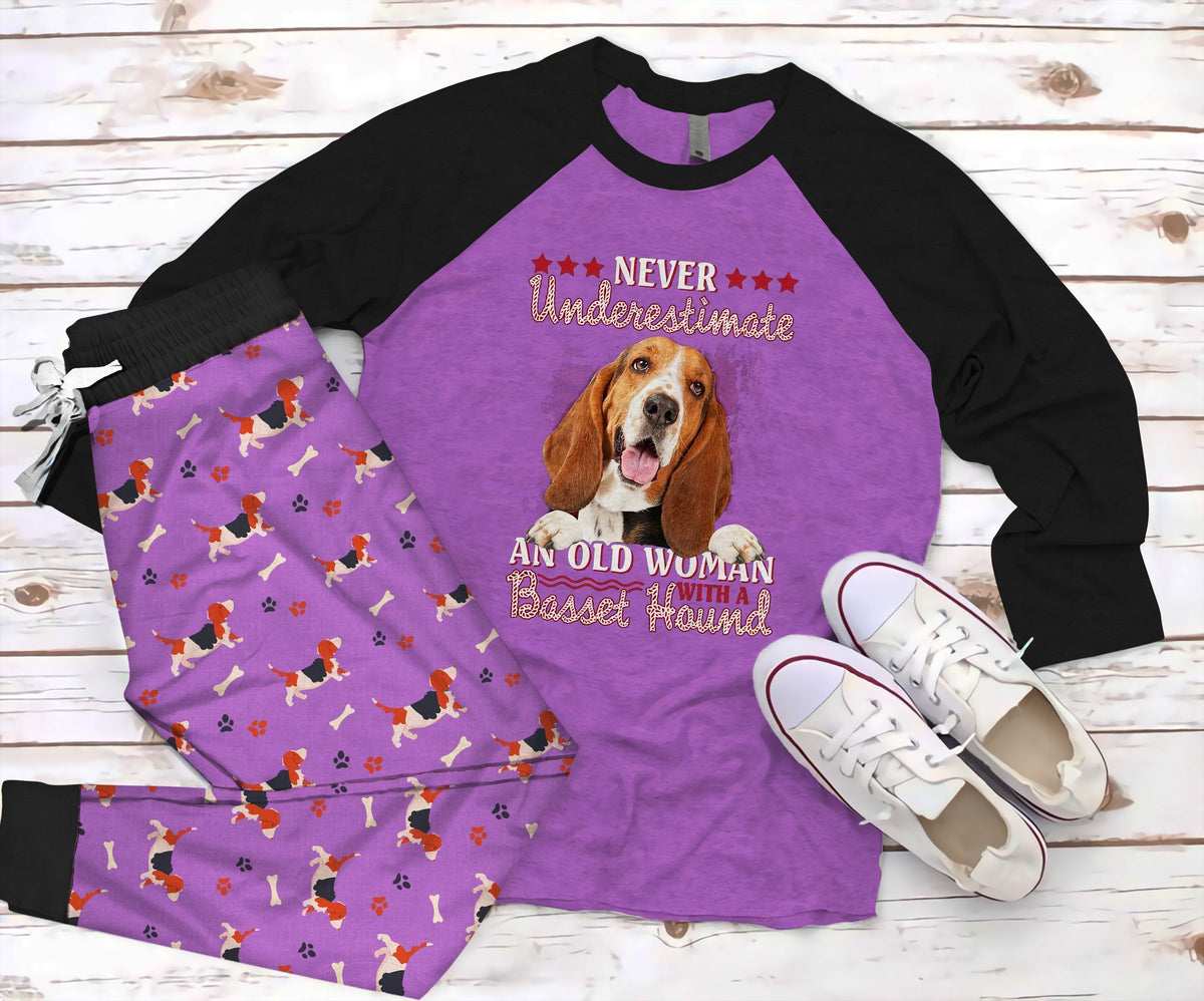 Basset Hound Never Underestimate Woman Purple Good Pajama Set |Sleepwear Pjs Sets | Raglan Shirt Pants Set