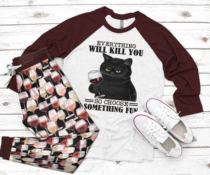 Wine Set Choose Something Fun Pajama Set |Sleepwear Pjs Sets | Raglan Shirt Pants Set