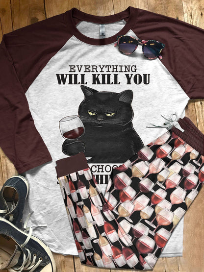 Wine Set Choose Something Fun Pajama Set |Sleepwear Pjs Sets | Raglan Shirt Pants Set