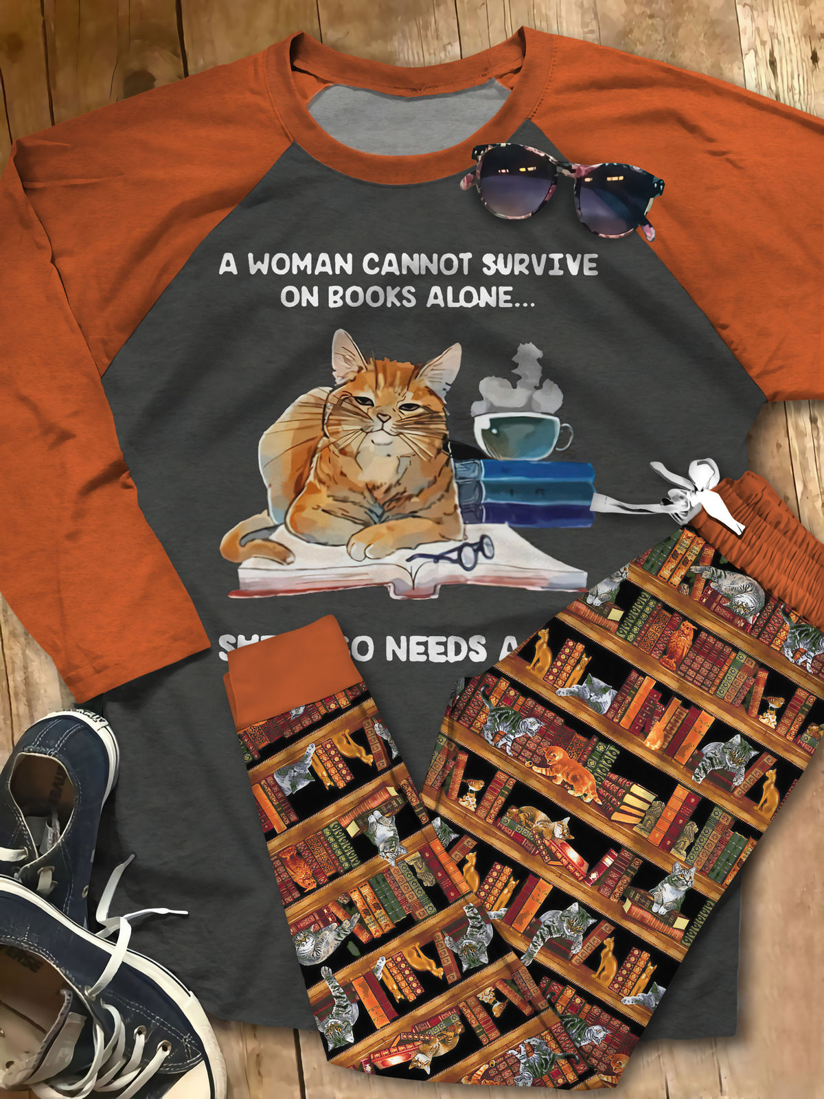 Reading Cat Set Woman Needs Books And A Cat Colors Pajama Set |Sleepwear Pjs Sets | Raglan Shirt Pants Set