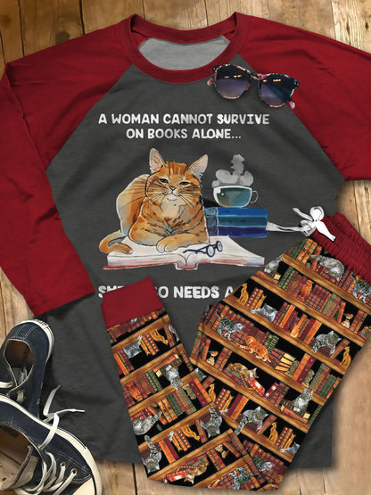 Reading Cat Set Woman Needs Books And A Cat Colors Pajama Set |Sleepwear Pjs Sets | Raglan Shirt Pants Set
