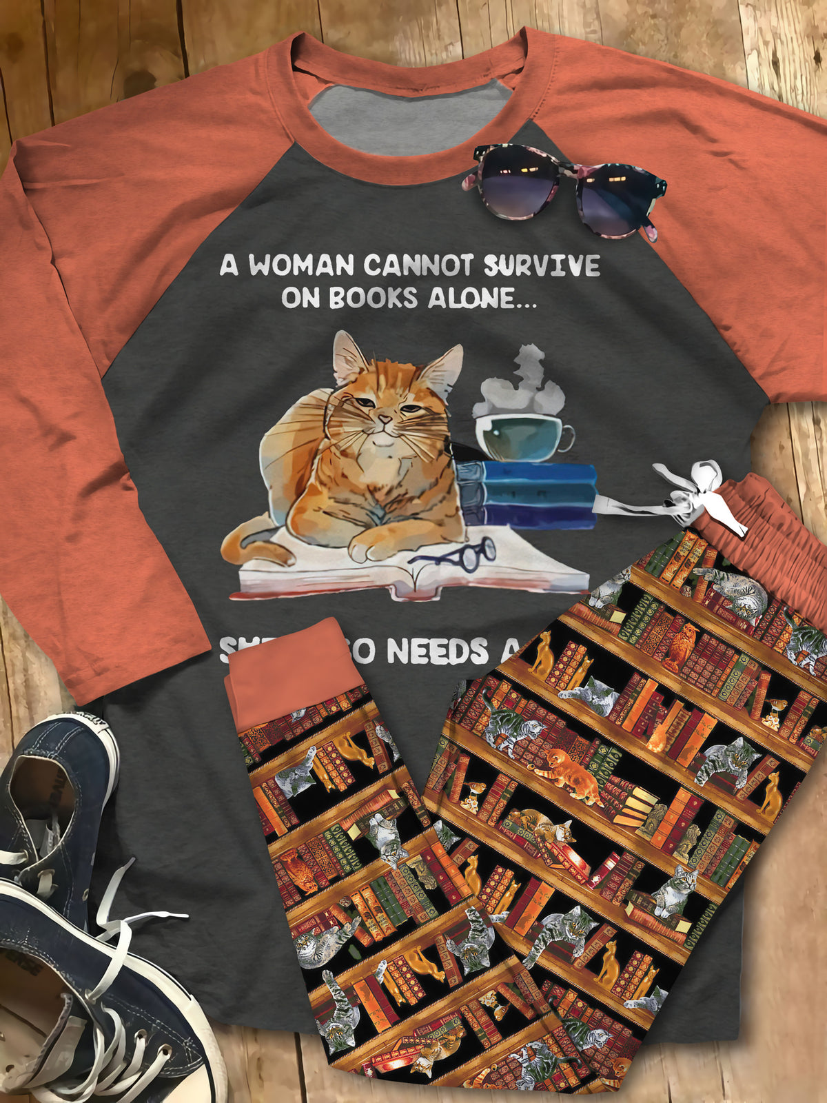 Reading Cat Set Woman Needs Books And A Cat Colors Pajama Set |Sleepwear Pjs Sets | Raglan Shirt Pants Set