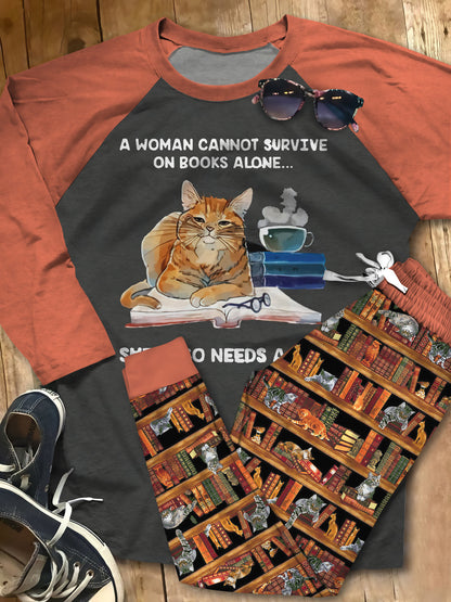 Reading Cat Set Woman Needs Books And A Cat Colors Pajama Set |Sleepwear Pjs Sets | Raglan Shirt Pants Set