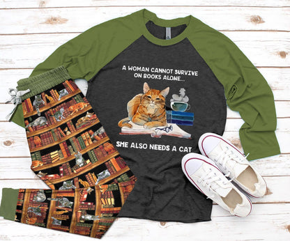 Reading Cat Set Woman Needs Books And A Cat Colors Pajama Set |Sleepwear Pjs Sets | Raglan Shirt Pants Set