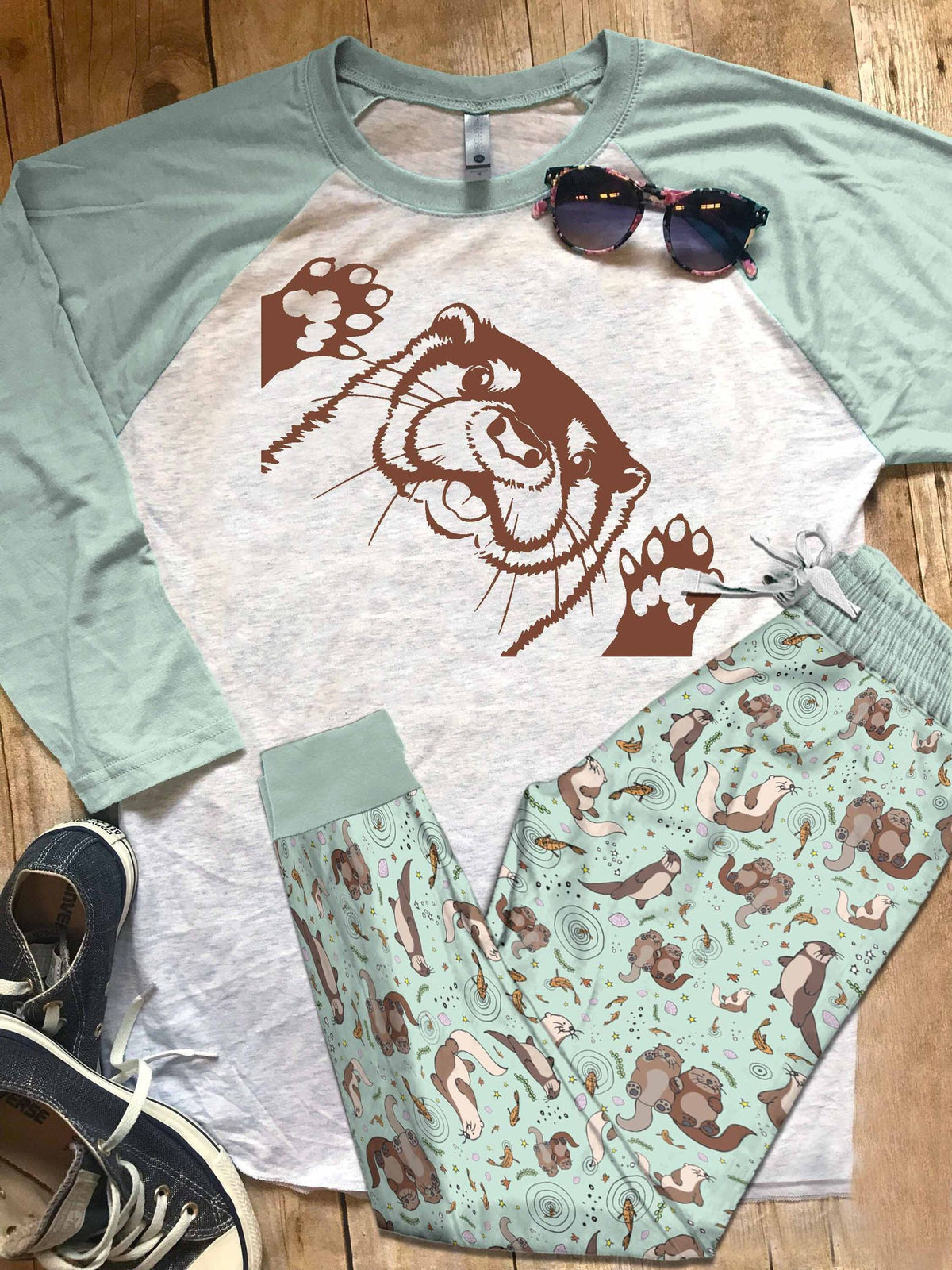 Otter Green Good Pajama Set |Sleepwear Pjs Sets | Raglan Shirt Pants Set
