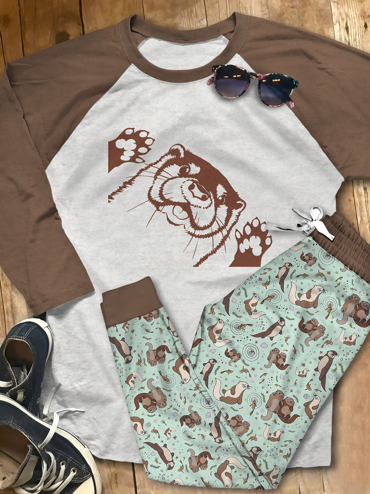 Otter Green Good Pajama Set |Sleepwear Pjs Sets | Raglan Shirt Pants Set