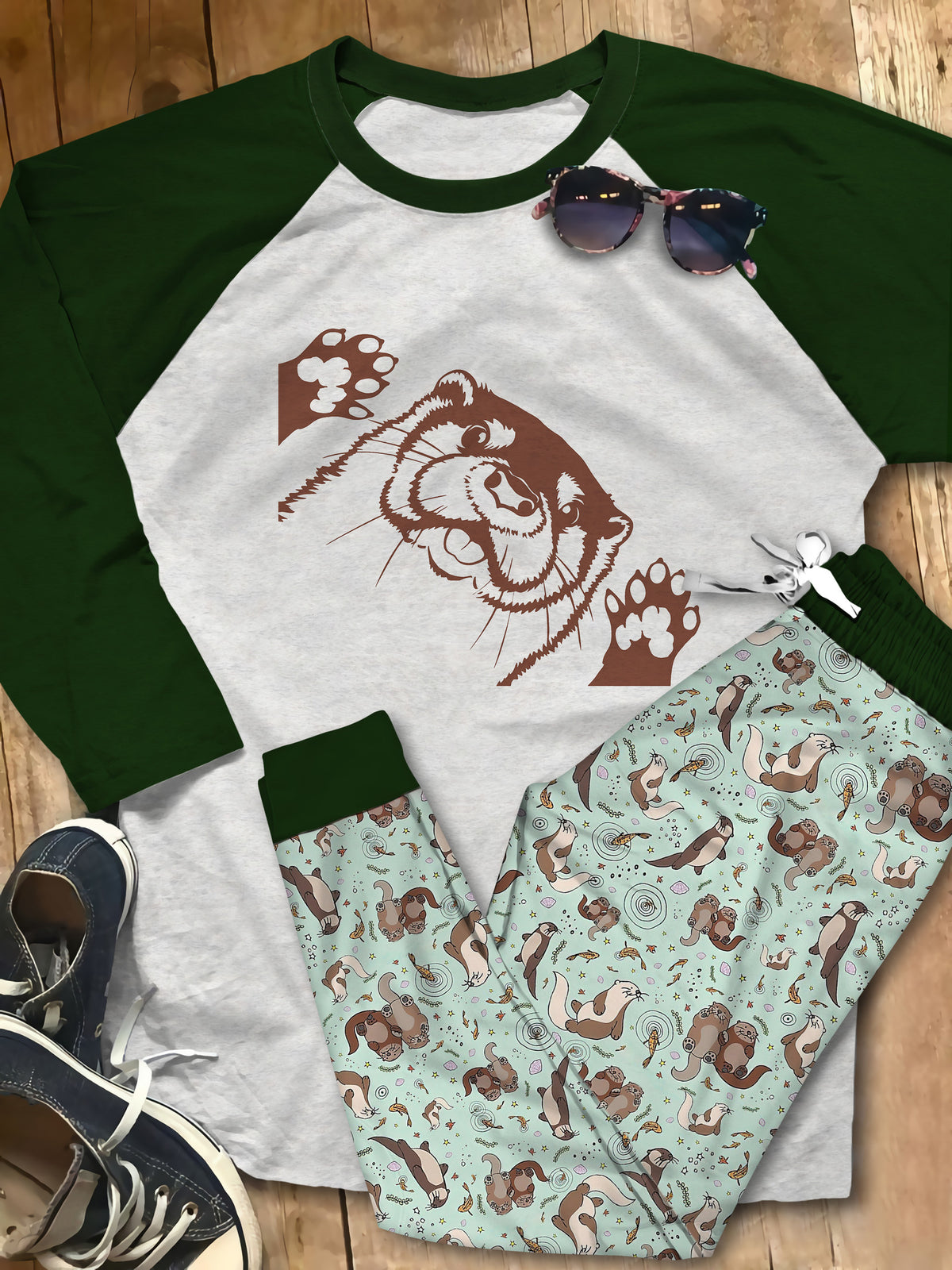 Otter Green Good Pajama Set |Sleepwear Pjs Sets | Raglan Shirt Pants Set