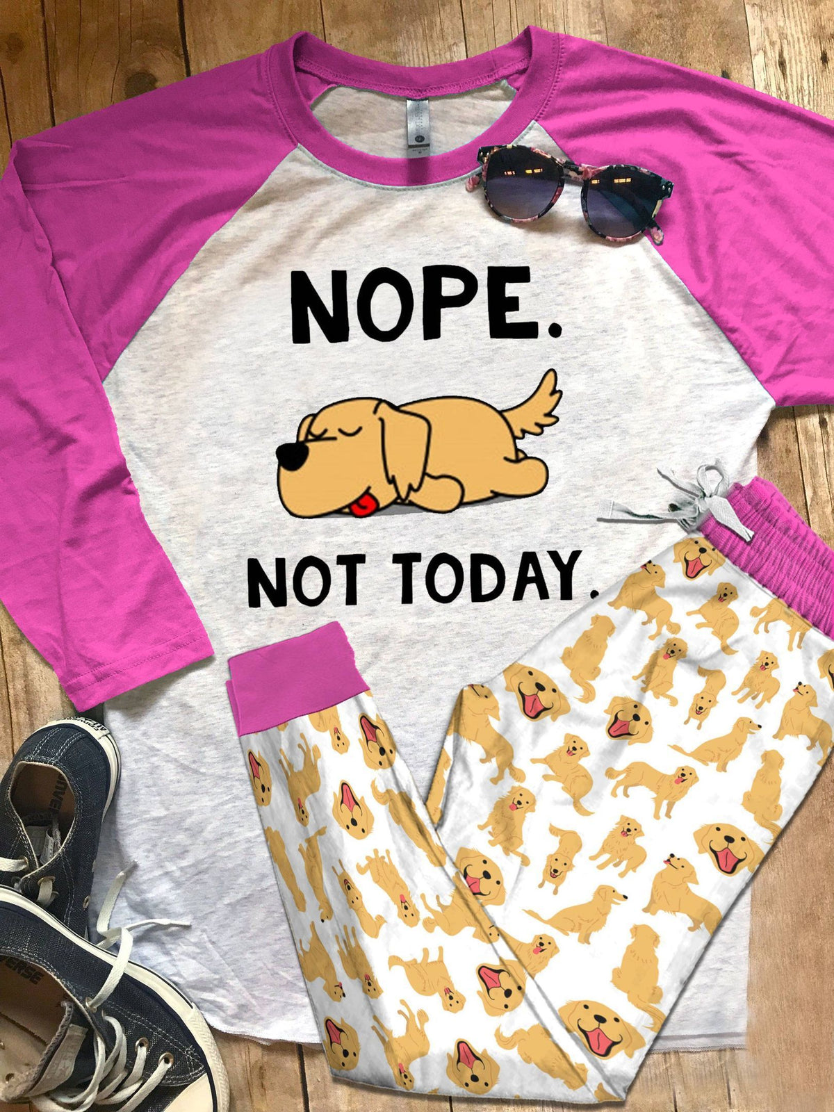 Golden Retriever Set Not Today Pajama Set |Sleepwear Pjs Sets | Raglan Shirt Pants Set