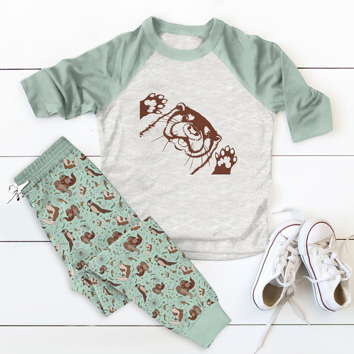 Otter Green Good Pajama Set |Sleepwear Pjs Sets | Raglan Shirt Pants Set