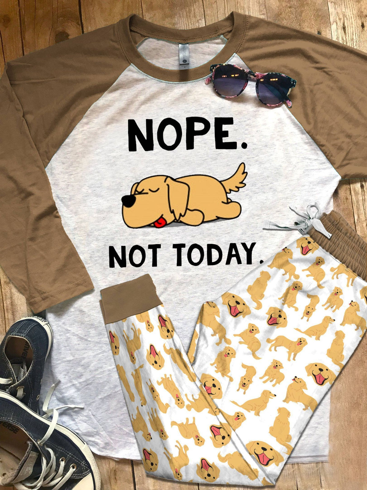 Golden Retriever Set Not Today Pajama Set |Sleepwear Pjs Sets | Raglan Shirt Pants Set