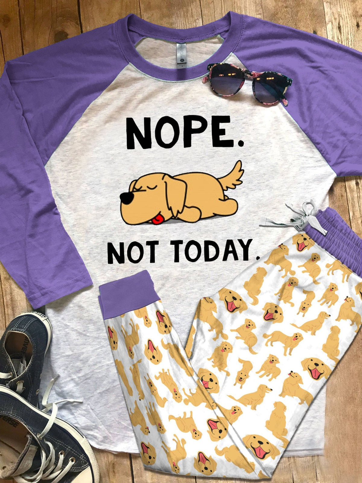 Golden Retriever Set Not Today Pajama Set |Sleepwear Pjs Sets | Raglan Shirt Pants Set