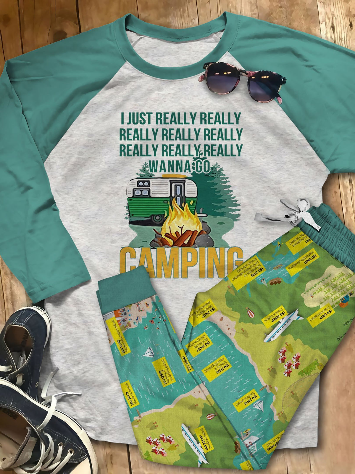Camping Really Wanna Go Teal Best Pajama Set |Sleepwear Pjs Sets | Raglan Shirt Pants Set