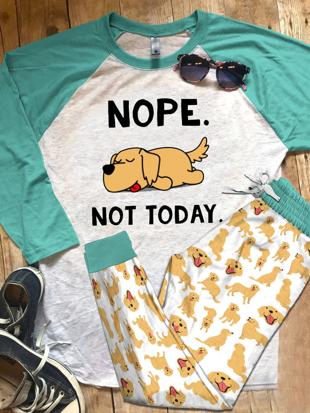 Golden Retriever Set Not Today Pajama Set |Sleepwear Pjs Sets | Raglan Shirt Pants Set